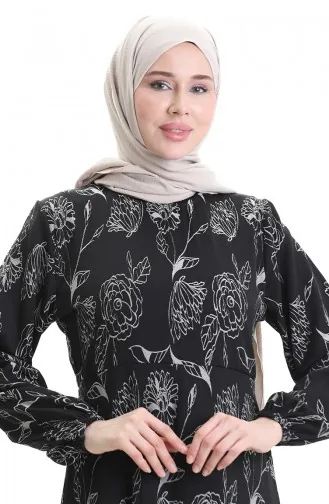 Elastic Sleeve Patterned Dress 2046-03 Black 2046-03