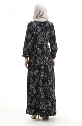 Elastic Sleeve Patterned Dress 2046-03 Black 2046-03