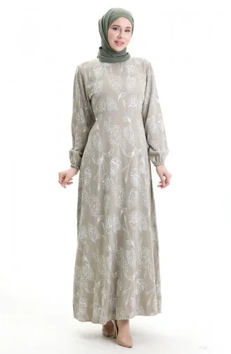 Patterned Dress With Elastic Sleeves 2046-04 Dark Beige 2046-04