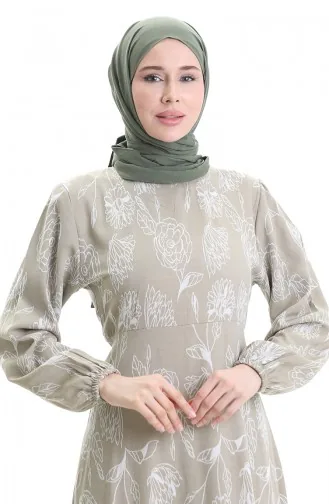 Patterned Dress With Elastic Sleeves 2046-04 Dark Beige 2046-04