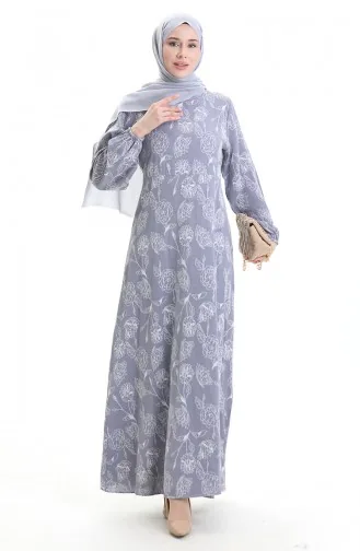 فستان منقوش بأكمام مرنة 2046-05 أزرق داكن 2046-05