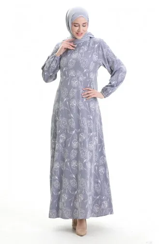 فستان منقوش بأكمام مرنة 2046-05 أزرق داكن 2046-05