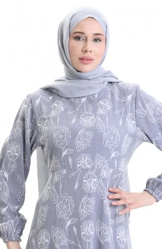 فستان منقوش بأكمام مرنة 2046-05 أزرق داكن 2046-05