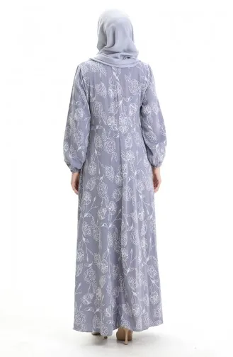 فستان منقوش بأكمام مرنة 2046-05 أزرق داكن 2046-05