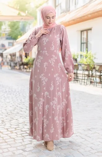 فستان منقوش بأكمام مرنة 2047-01 بودرة 2047-01