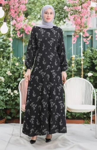 Elastic Sleeve Patterned Dress 2047-02 Black 2047-02