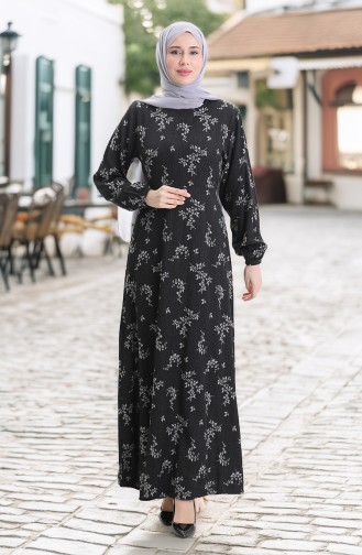 Kolu Lastikli Desenli Elbise 2047-02 Siyah