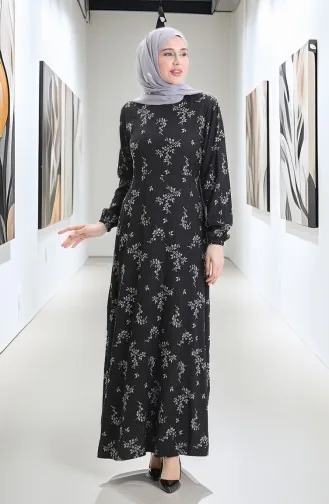 Elastic Sleeve Patterned Dress 2047-02 Black 2047-02