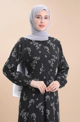 Elastic Sleeve Patterned Dress 2047-02 Black 2047-02