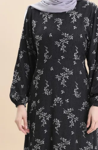 Elastic Sleeve Patterned Dress 2047-02 Black 2047-02