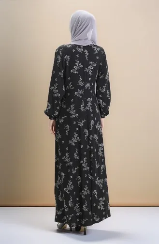 Elastic Sleeve Patterned Dress 2047-02 Black 2047-02