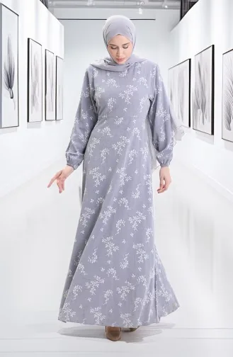 Elastic Sleeve Patterned Dress 2047-03 Light Gray 2047-03