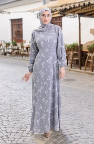 Elastic Sleeve Patterned Dress 2047-03 Light Gray 2047-03