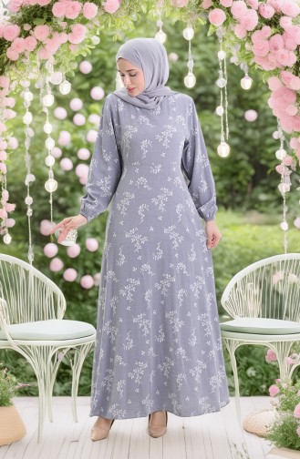 Kolu Lastikli Desenli Elbise 2047-03 Açık Gri