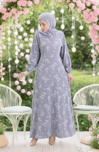 Elastic Sleeve Patterned Dress 2047-03 Light Gray 2047-03