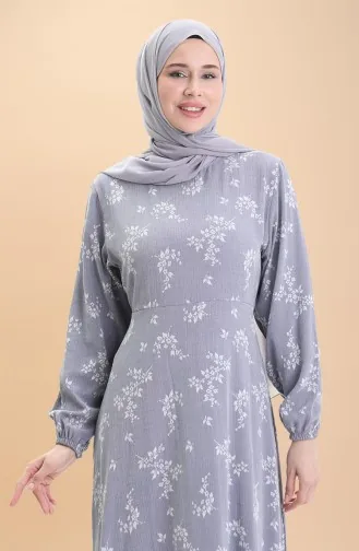 Elastic Sleeve Patterned Dress 2047-03 Light Gray 2047-03