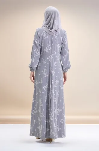 Elastic Sleeve Patterned Dress 2047-03 Light Gray 2047-03