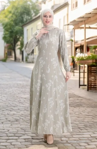 Kolu Lastikli Desenli Elbise 2047-04 Çağla Yeşili
