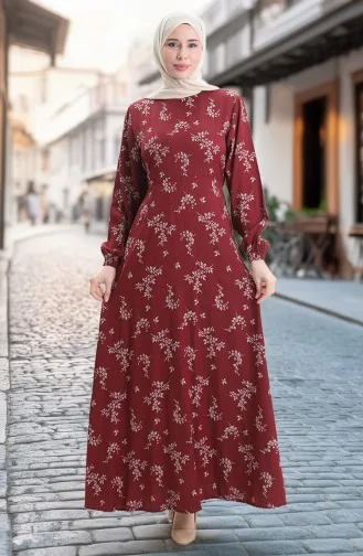 Kolu Lastikli Desenli Elbise 2047-05 Bordo