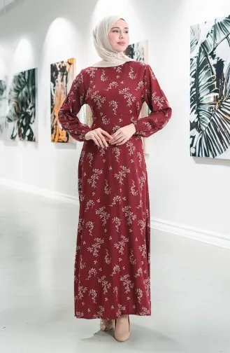 Kolu Lastikli Desenli Elbise 2047-05 Bordo