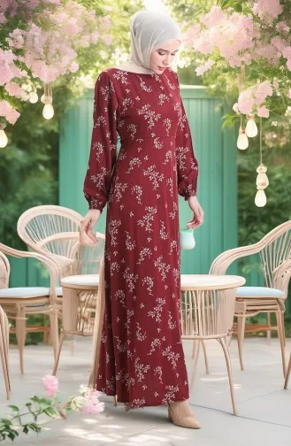 Kolu Lastikli Desenli Elbise 2047-05 Bordo