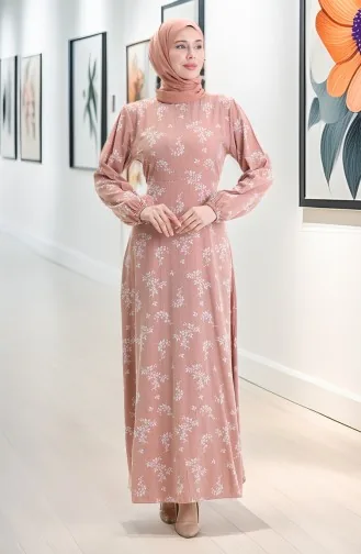 Elastic Sleeve Patterned Dress 2047-06 Salmon 2047-06