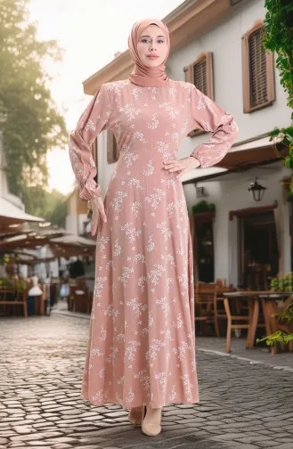 Elastic Sleeve Patterned Dress 2047-06 Salmon 2047-06