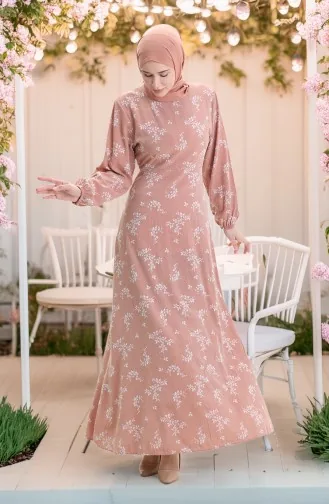 Elastic Sleeve Patterned Dress 2047-06 Salmon 2047-06