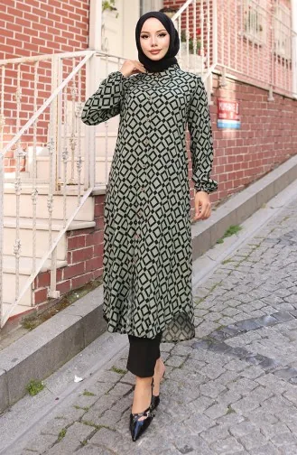 Tunique Longue Boutonnée En Tissu Viscose 0071-01 Kaki 0071-01