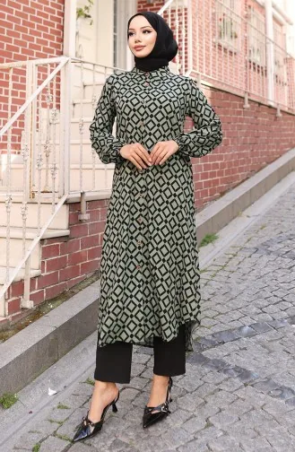 Tunique Longue Boutonnée En Tissu Viscose 0071-01 Kaki 0071-01