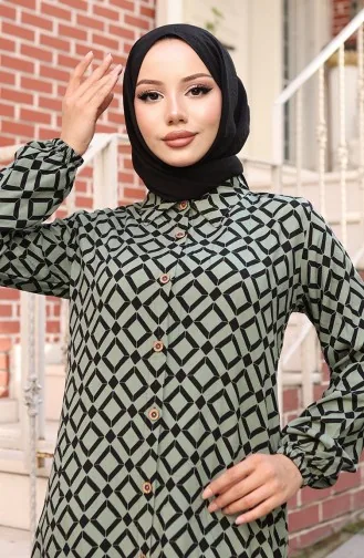 Tunique Longue Boutonnée En Tissu Viscose 0071-01 Kaki 0071-01