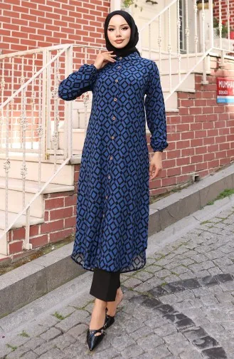 Tunique Longue Boutonnée En Tissu Viscose 0071-02 Saxe 0071-02