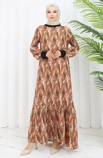 Şifon Kumaş Yaprak Desenli Elbise 0054-01 Kahverengi