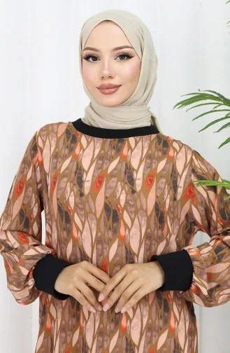 Şifon Kumaş Yaprak Desenli Elbise 0054-01 Kahverengi