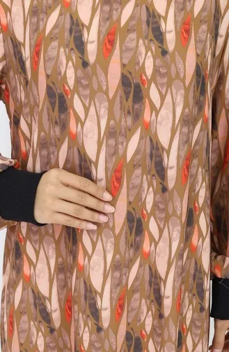 Şifon Kumaş Yaprak Desenli Elbise 0054-01 Kahverengi