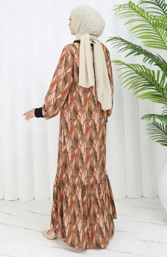 Şifon Kumaş Yaprak Desenli Elbise 0054-01 Kahverengi
