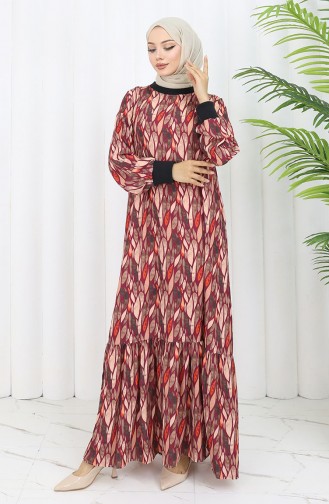 Şifon Kumaş Yaprak Desenli Elbise 0054-02 Mürdüm