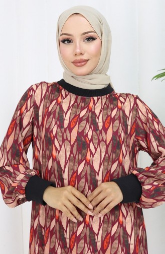 Şifon Kumaş Yaprak Desenli Elbise 0054-02 Mürdüm