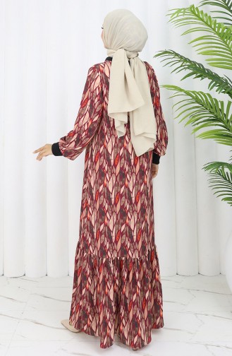 Şifon Kumaş Yaprak Desenli Elbise 0054-02 Mürdüm