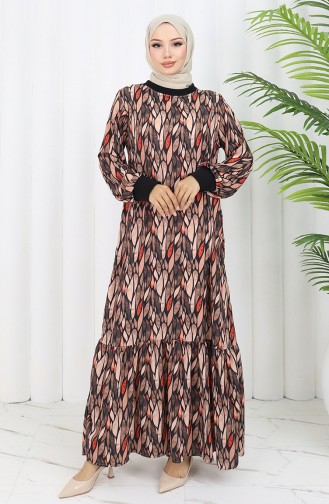 Şifon Kumaş Yaprak Desenli Elbise 0054-03 Siyah