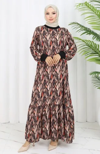 Chiffon Stof Bladmotief Jurk 0054-03 Zwart 0054-03