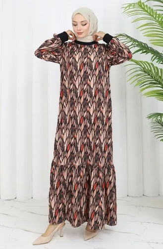 Chiffon Stof Bladmotief Jurk 0054-03 Zwart 0054-03