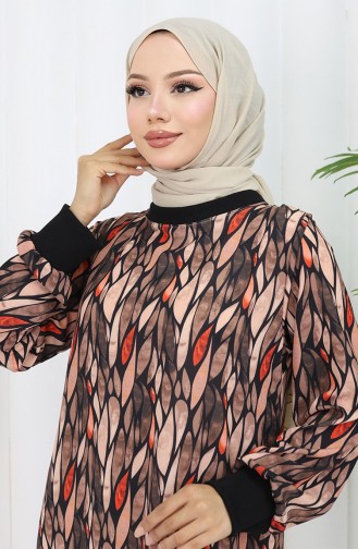Şifon Kumaş Yaprak Desenli Elbise 0054-03 Siyah