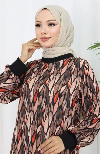 Chiffon Stof Bladmotief Jurk 0054-03 Zwart 0054-03