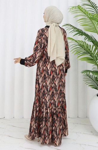 Şifon Kumaş Yaprak Desenli Elbise 0054-03 Siyah