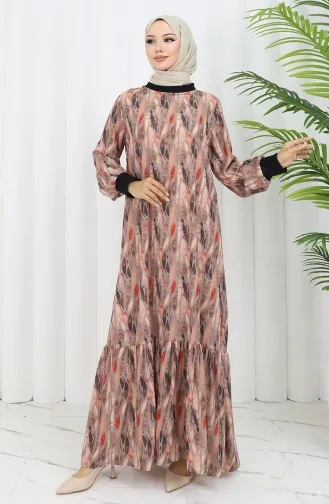 Chiffon Stof Bladmotief Jurk 0054-04 Mink 0054-04