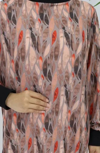 Chiffon Stof Bladmotief Jurk 0054-04 Mink 0054-04