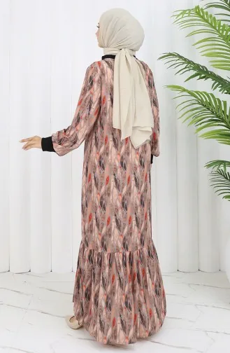 Chiffon Stof Bladmotief Jurk 0054-04 Mink 0054-04