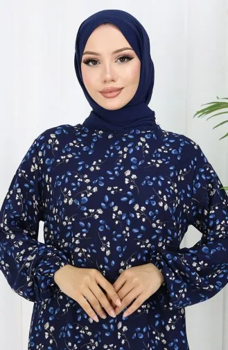 فستان منقوش من قماش الفيسكوز 0055-03 أزرق داكن 0055-03