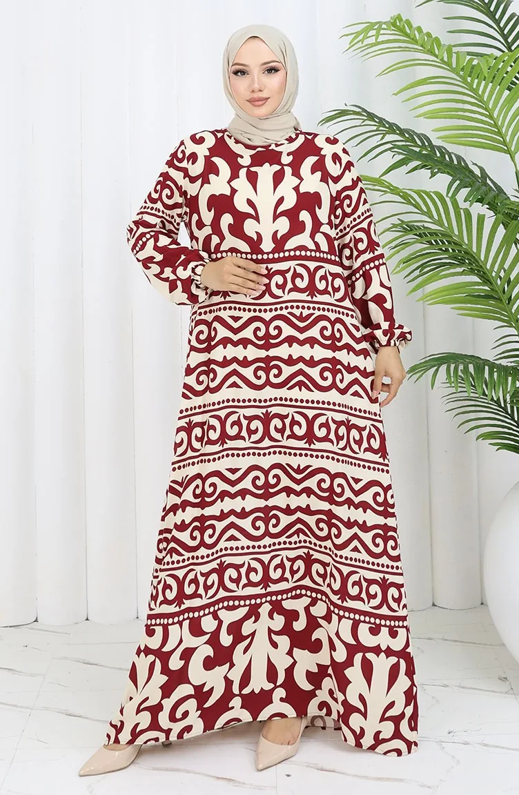 Viskose Stoff Gemustertes Kleid 0057-03 Weinrot Beige 0057-03